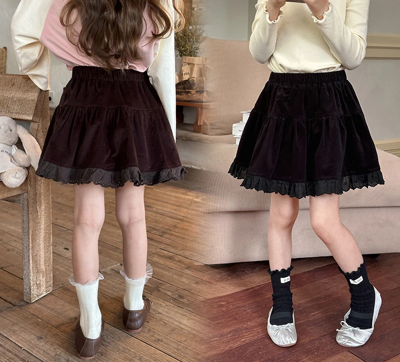 

Children's Baby 2025 New Elastic Corduroy Cake Short Skirt Medium Size Girls' Lace Lace Half Length Skirt