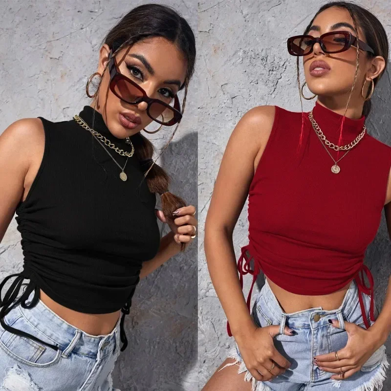 

2025 New European And American Women's Fashion Street Sports Drawstring High Neck Sleeveless Knitted Vest T-Shirt