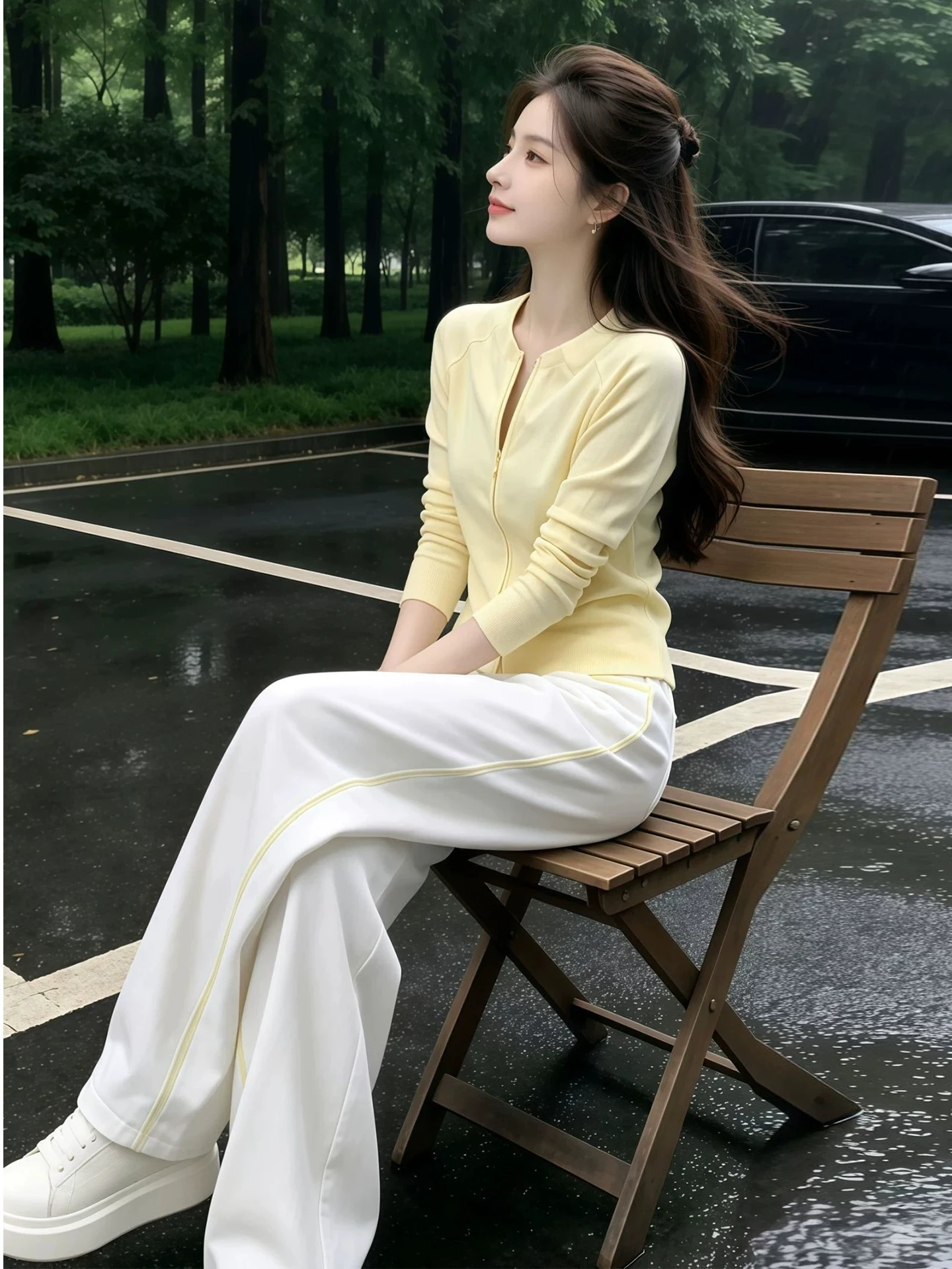 Yellow Zipper Slim Fit Long Sleeve Stand Collar Cardigan T-Shirt Autumn Light Maturity Women's Shirt High Waist Cotton Blend