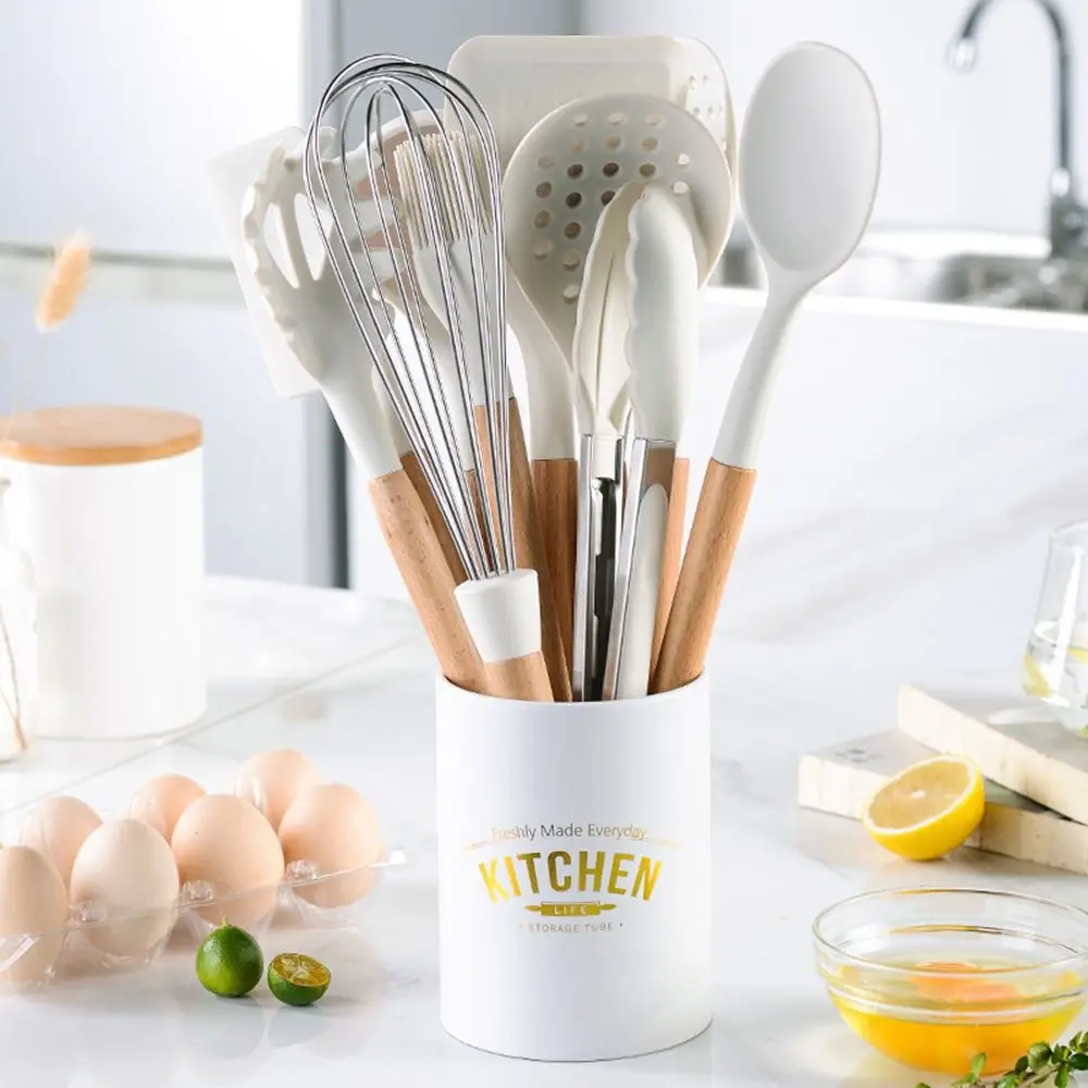 White Cooking Kitchenware Tool Silicone Utensils With Wooden Multifunction Handle Non-Stick Spatula Ladle Egg Beaters Shovel