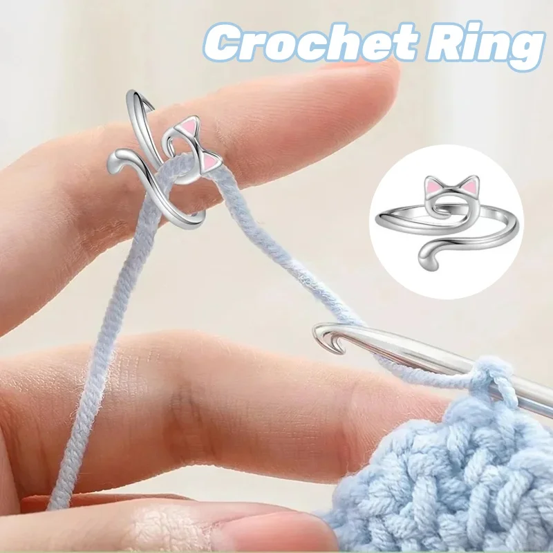 Adjustable Crochet Tension Cute Cat Ring Beginner Knitting Crochet Hook Ring Yarn Guide Finger Holders Thimbles Winder Tools