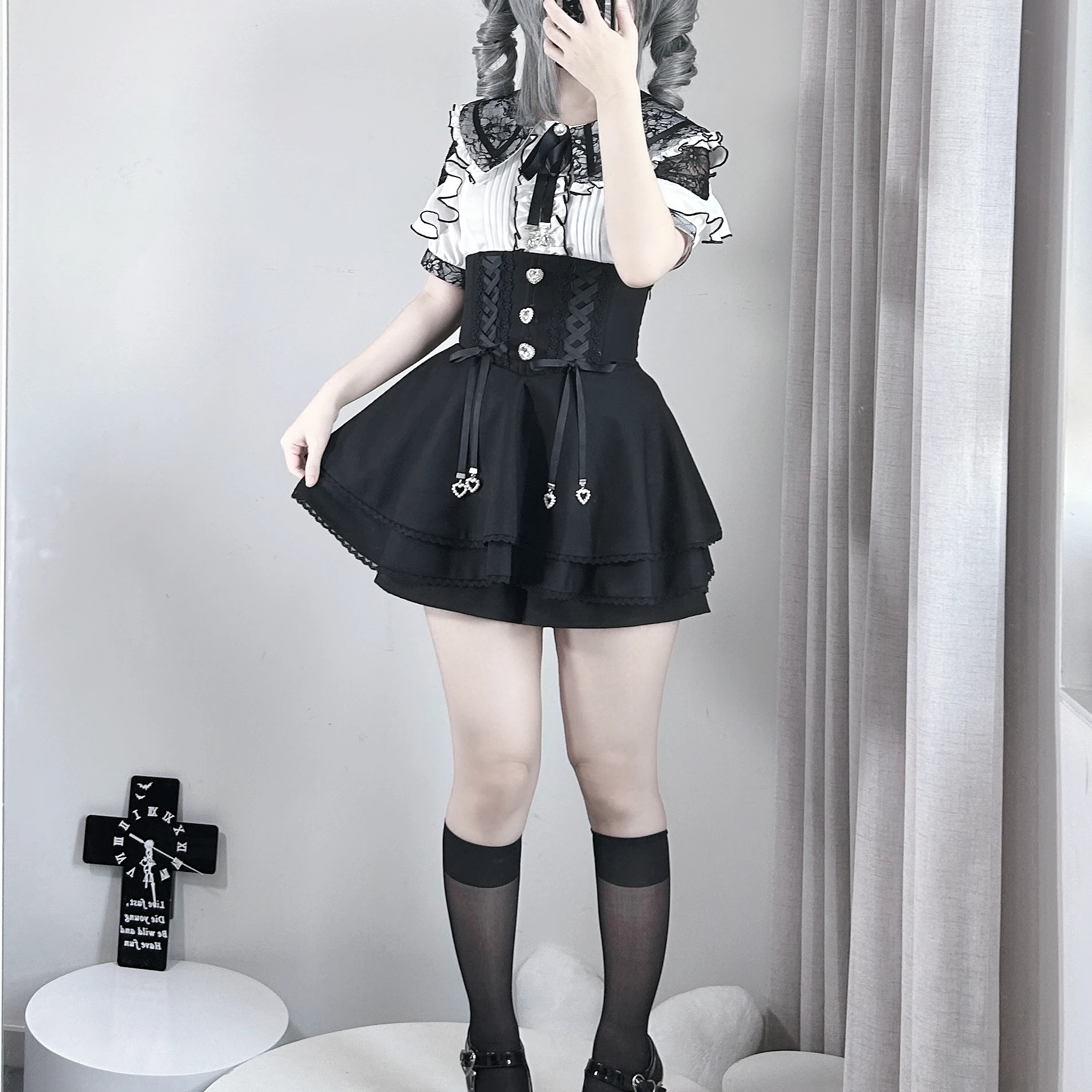 النمط الياباني الألغام الإنتاج الضخم الأسود عالية الخصر تنورة قصيرة صيف جديد الحلو Y2K تنورة صغيرة لوليتا قميص قصير الأكمام