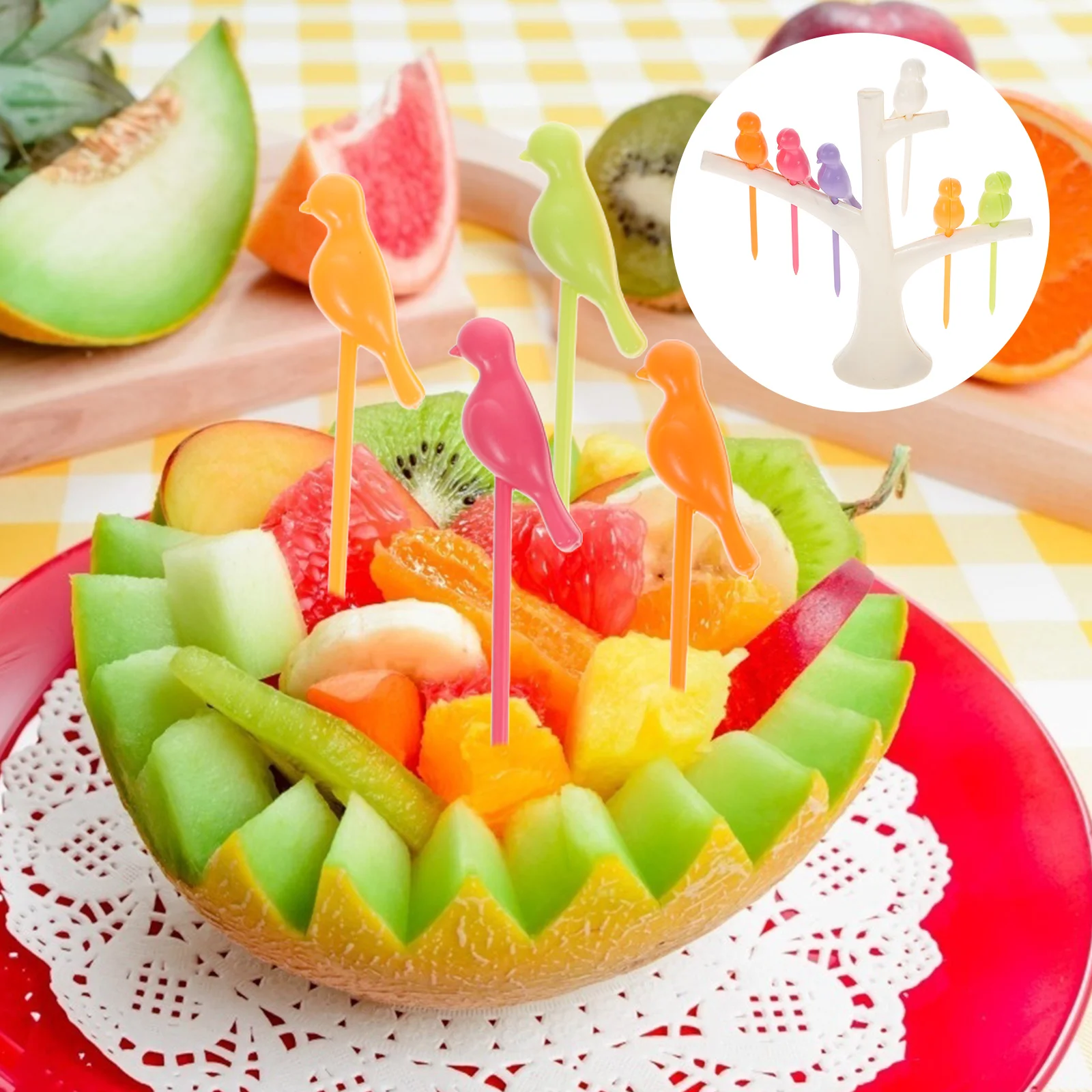 

Tree and Bird Shaped Plastic Toothpick Fruit Fork (White) Fruit toothpick Plastic fruit fork Outdoor toothpick