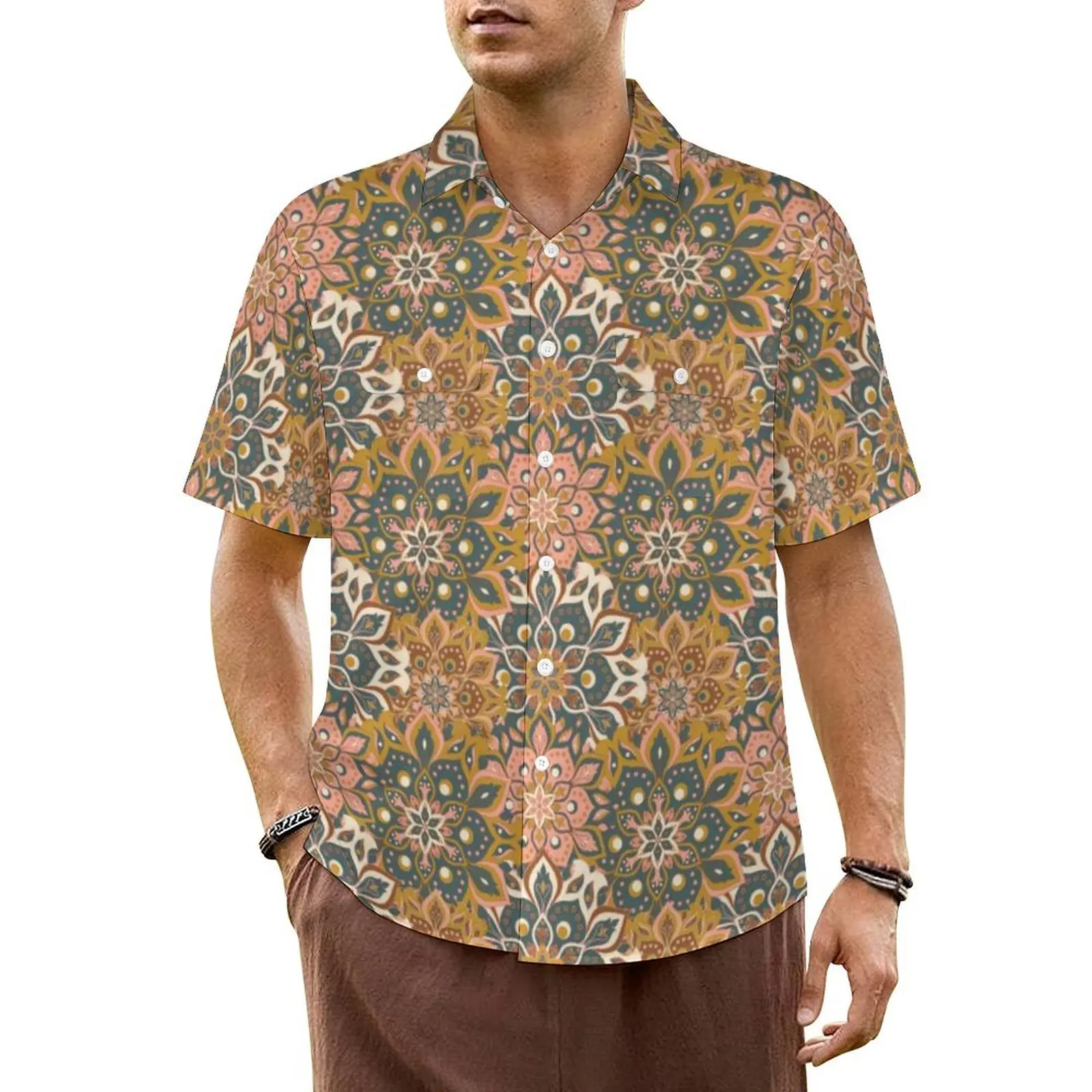 

Floral Mandala Hawaiian Shirt For Mens Beach Vintage Ornate Geometric Casual Shirts Comfortable Design Classic Plus Size Blouses