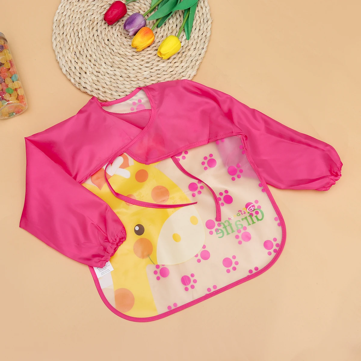 

Waterproof Bibs Cartoon Giraffe Painting Apron Easy Clean Washable Reusable Toddler Sleeve EVA Cute Design Bibs