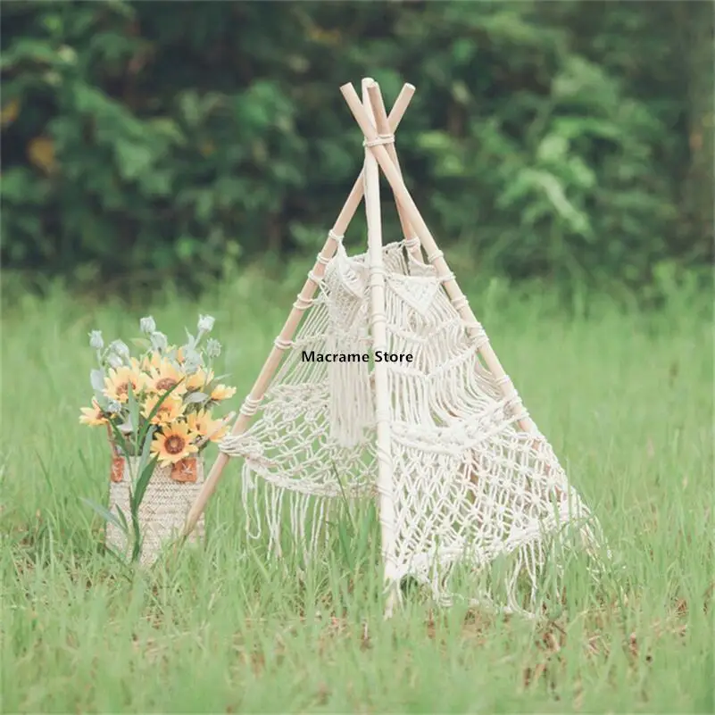 Hand Woven Marema Tent for Kids, Tapestry with Wooden Stick Holder, Cotton Rope Net, Art Photography, Bohemia RoomDecoration