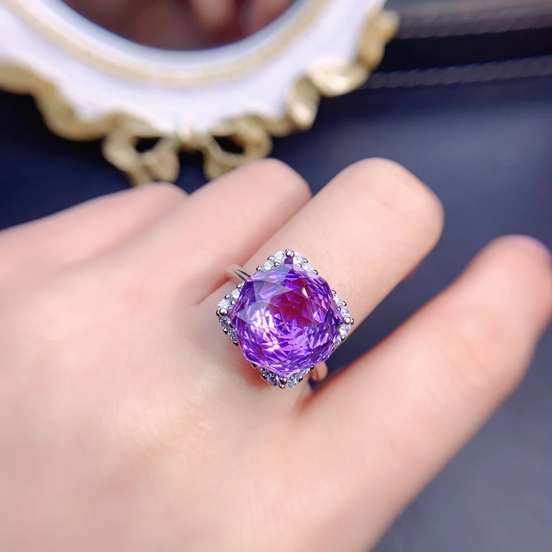 

Fireworks Cut 12mm Natural Amethyst Engagement Ring 925 Sterling Silver Wedding Women Jewelry Rings