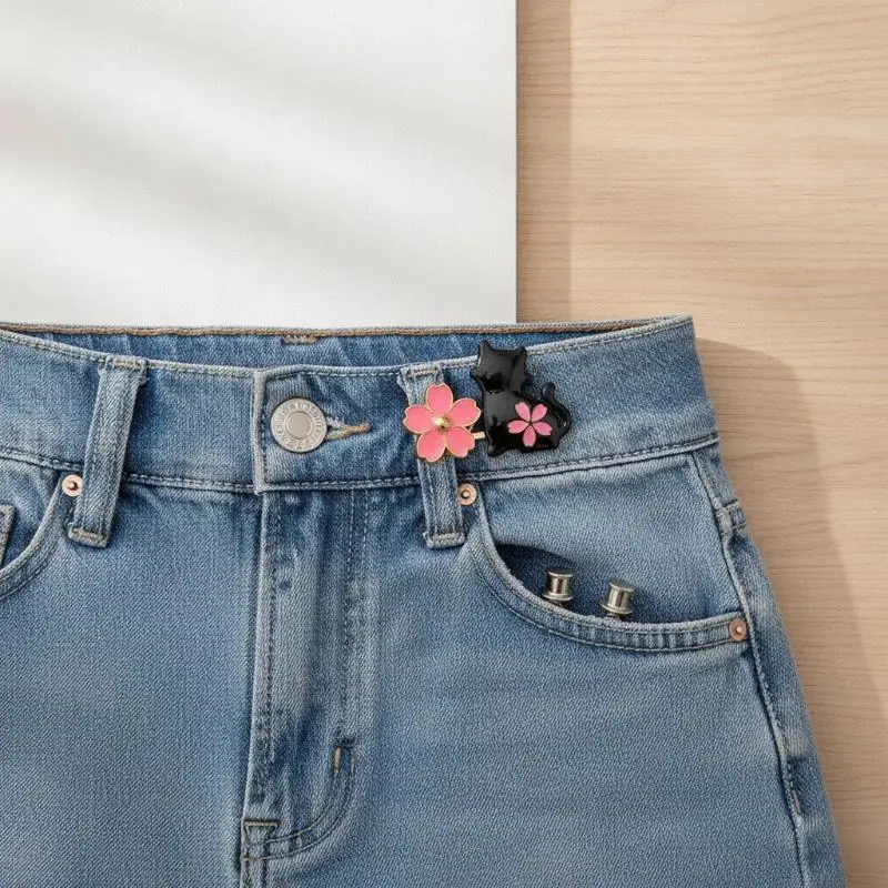 Cute Flower Rabbit Pants Waist Adjustment Buckles 2Pcs Metal No Sew Button Pins for Women Girls Jeans Skirts Waist Fix
