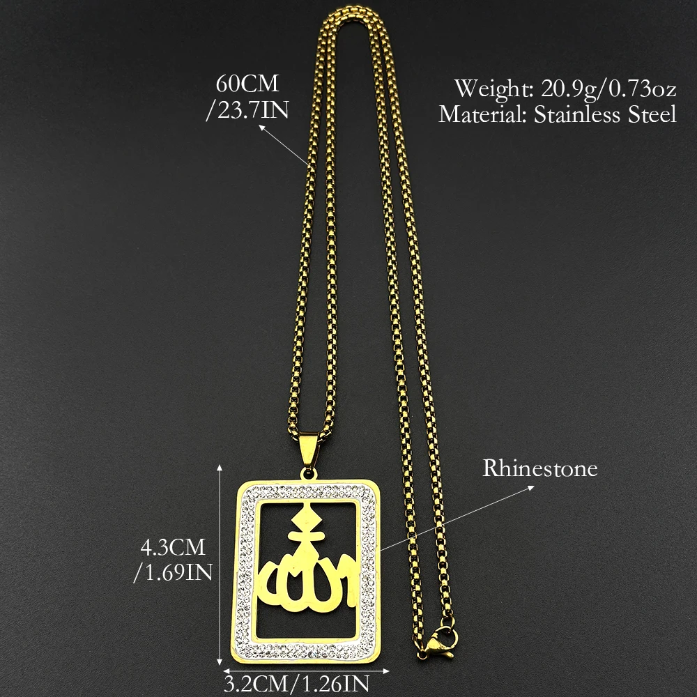 Islamic Arab Allah God Name Pendant Necklace for Men Women Stainless Steel Gold Color Rhinestones Muslim Chain Amulet Jewelry view 6