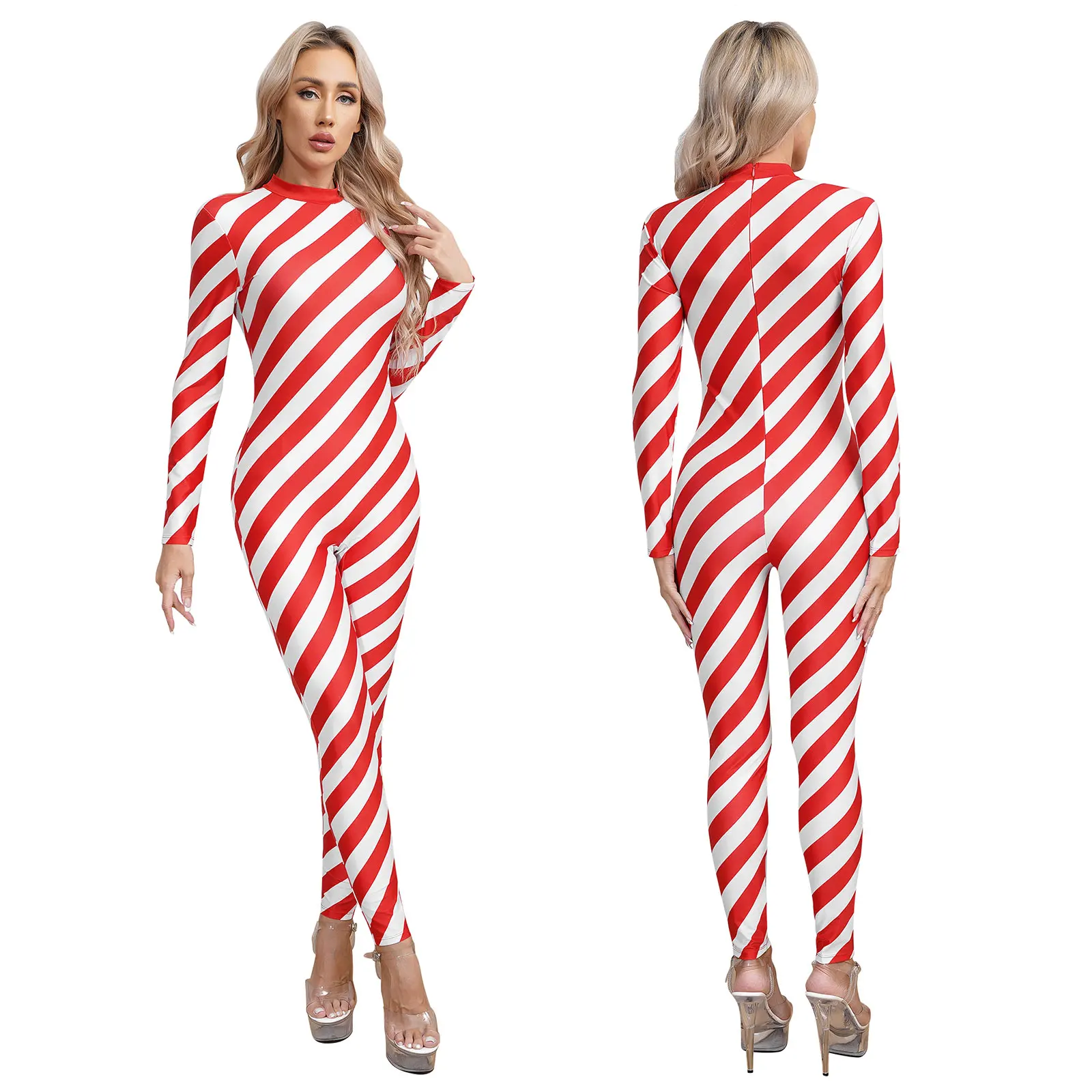 Women Christmas Bodysuit Xmas New Year Party Santa Claus Cosplay Jumpsuit Long Sleeve Candy Cane Gymnastics Ballet Dance Leotard