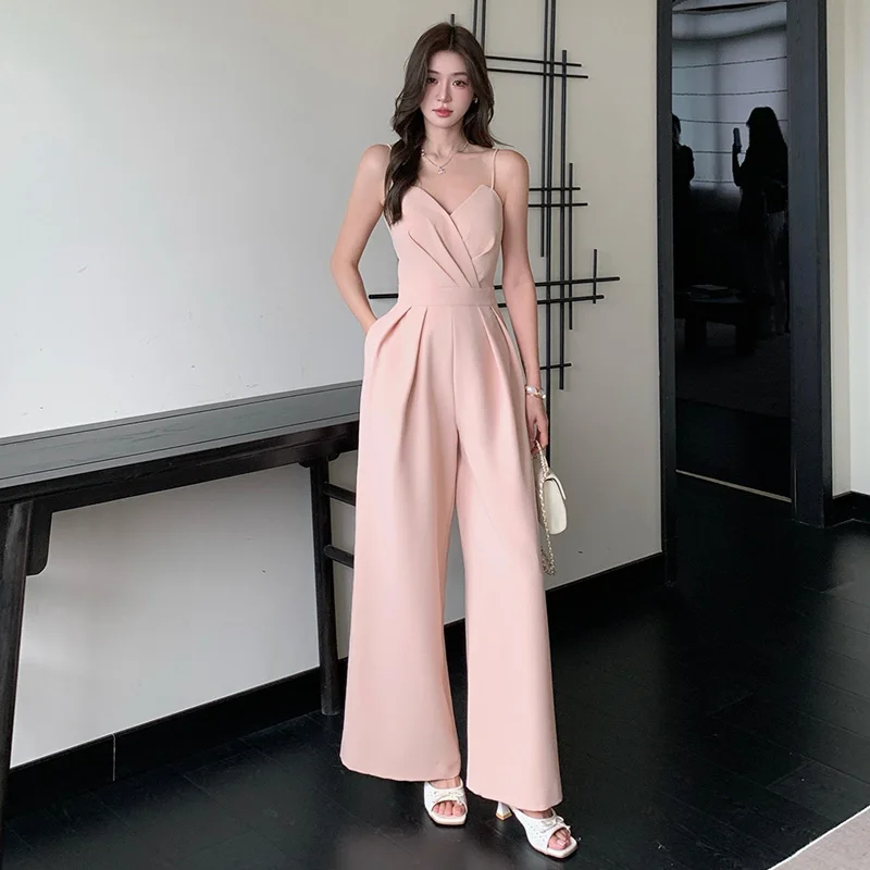 

Southeast Asian Women's New Light Anti-Wrinkle Deep V-Neck Wrap Belted Wide Leg Jumpsuit Long Pants Casual High Waist Trousers