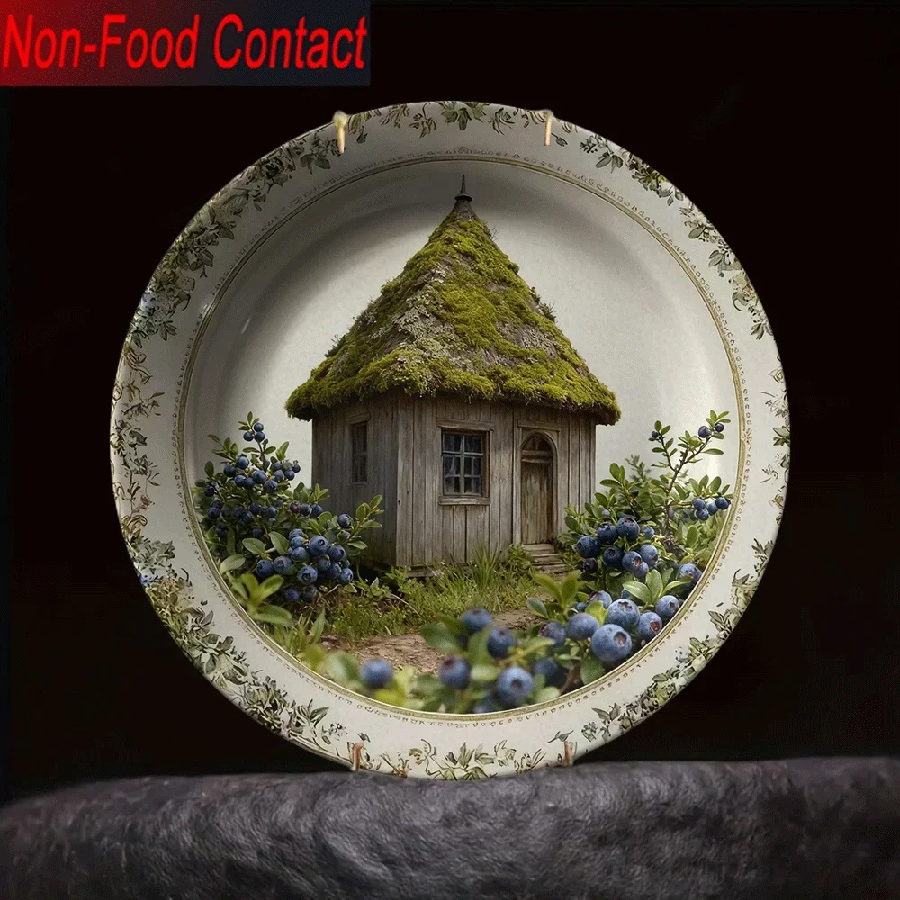2D Flat, 1pc Ceramic Decorative Plate - Non-Eatable Pure Decoration, Moss Roof Wooden House & Blueberry Pattern, Suitable for