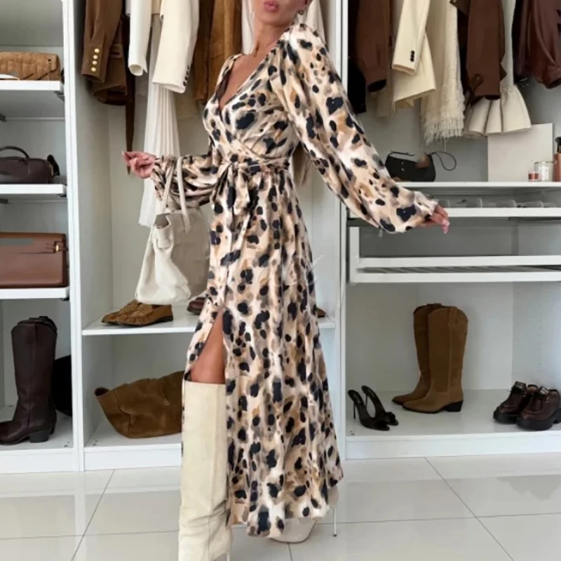 Vintage floral impresso manga longa vestido de festa sexy feminino com decote em v amarrar split boêmio vestido outono escritório casual maxi vestidos