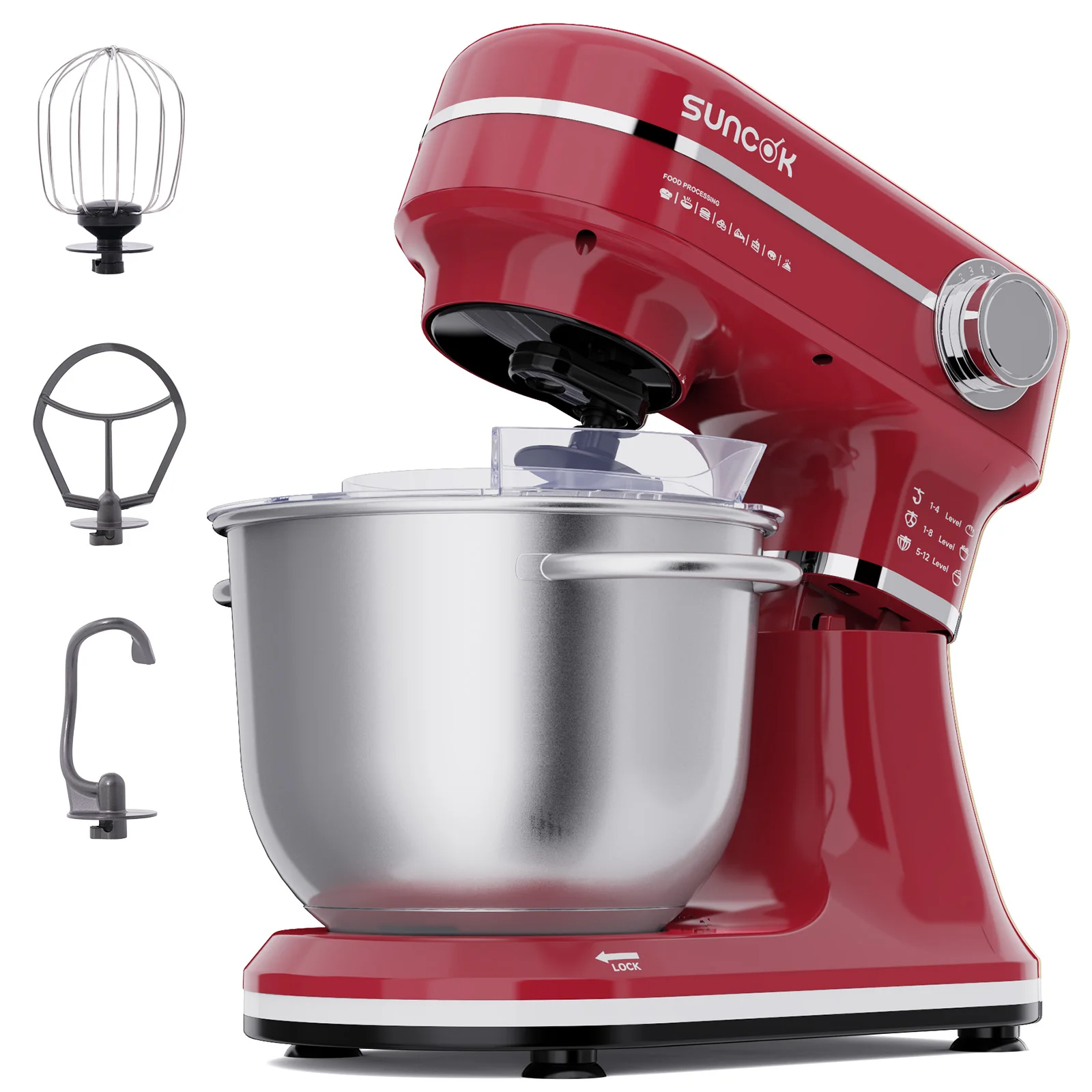 SUNCOK keukenmachine 1500W, keukenapparaat met 2 roestvrijstalen mengkommen van 4,5 & 5,5L, 12 snelheden, geluidsarm, keukenmixer, deegmachine met menghaak, deeghaak, klopper en spatbescherming