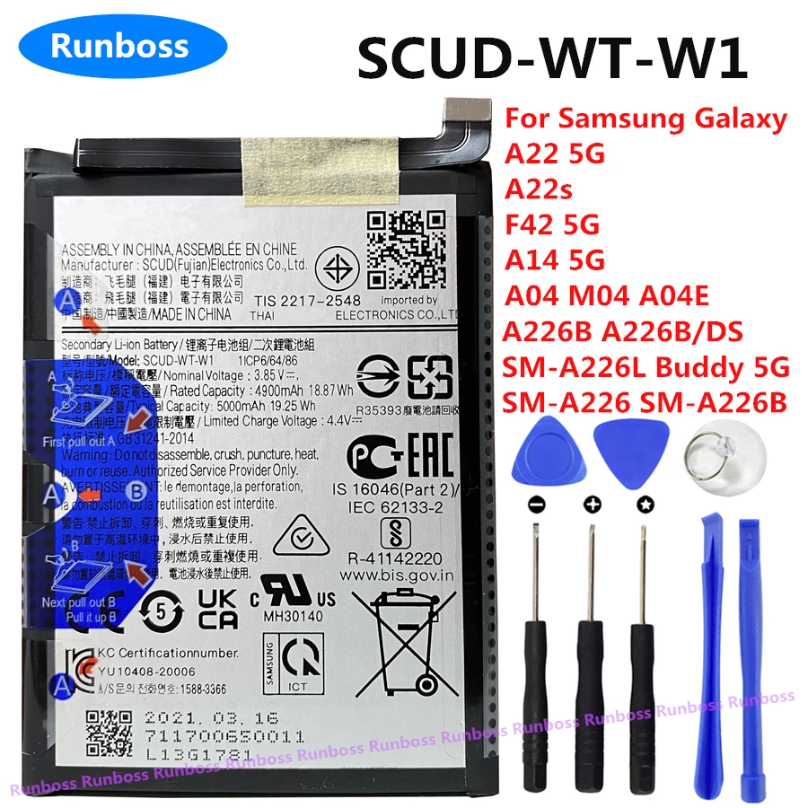 Runboss SCUD-WT-W1 4900mAh Battery for Samsung Galaxy A22 5G A226B A226B/DS SM-A226L A14 5G A22s SM-A226 SM-A226B F42 5G A04