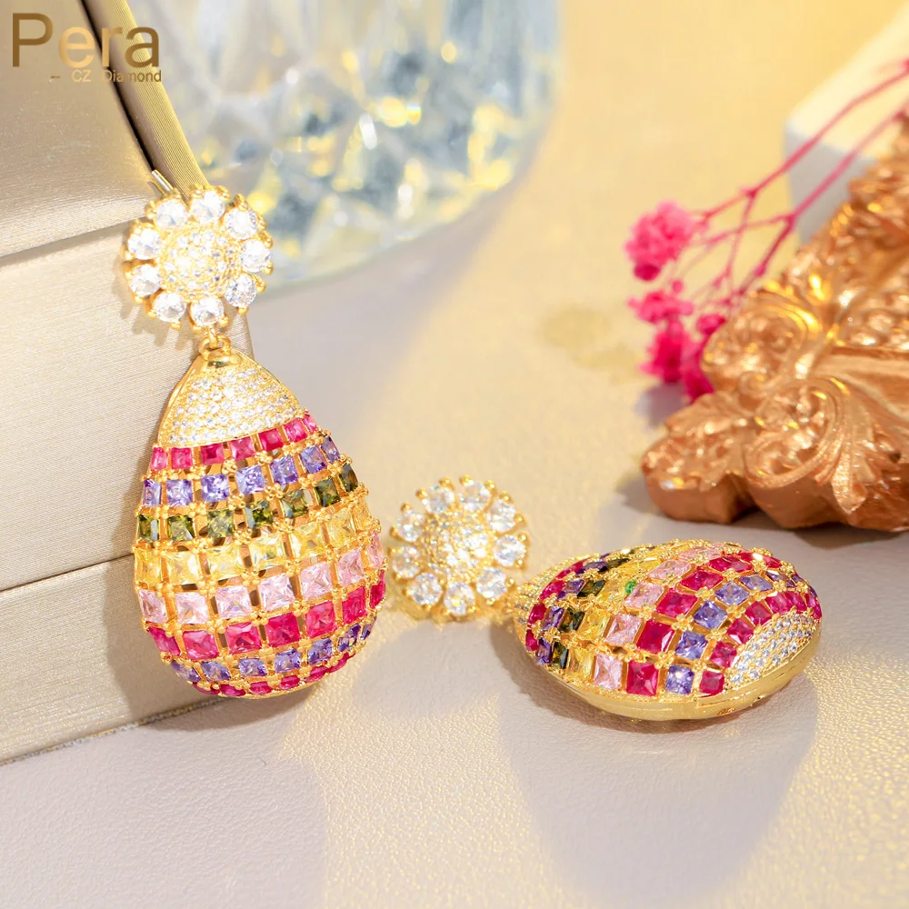 

Pera Luxurious Pineapple Fruit Design Colorful Cubic Zircon Gold Color Long Dangle Drop Earrings for Brides Wedding Jewelry E061