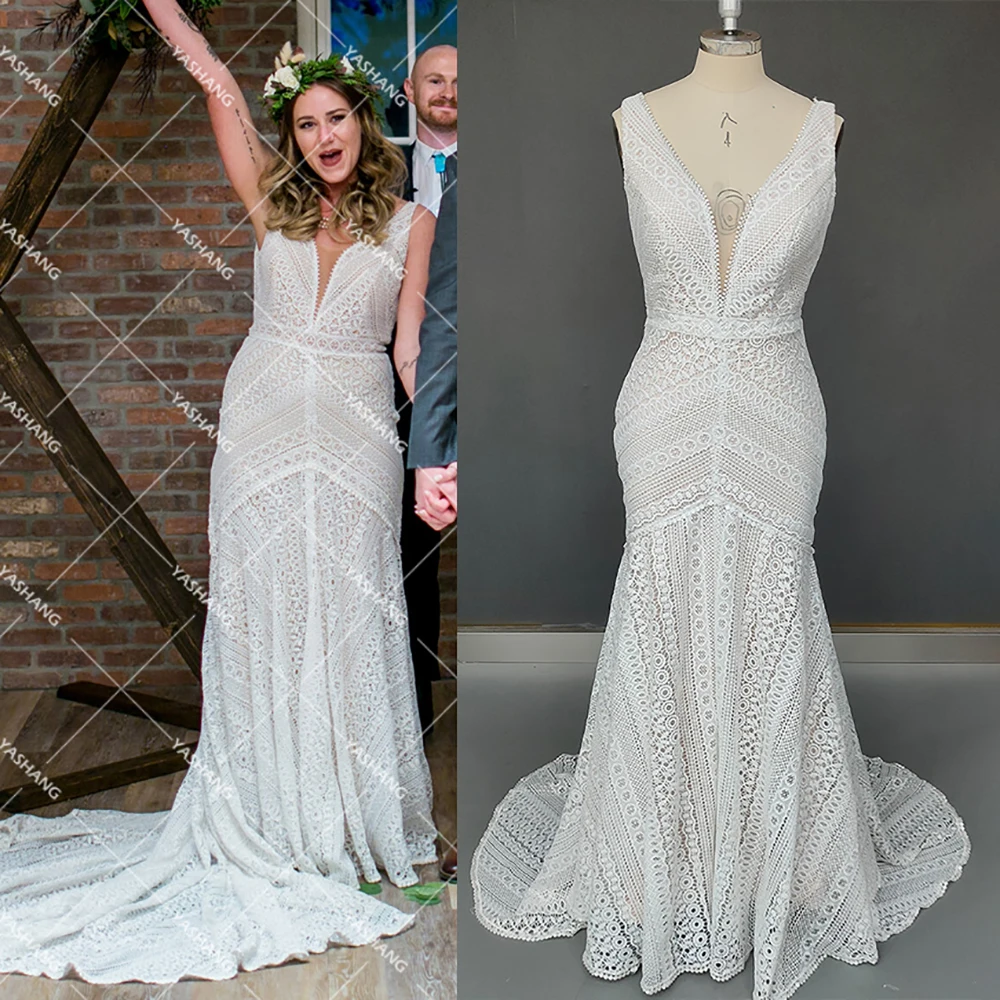 Robe de mariée en dentelle découpée sirène, tenue bohème, sur mesure, col en V, dos ouvert, grande taille