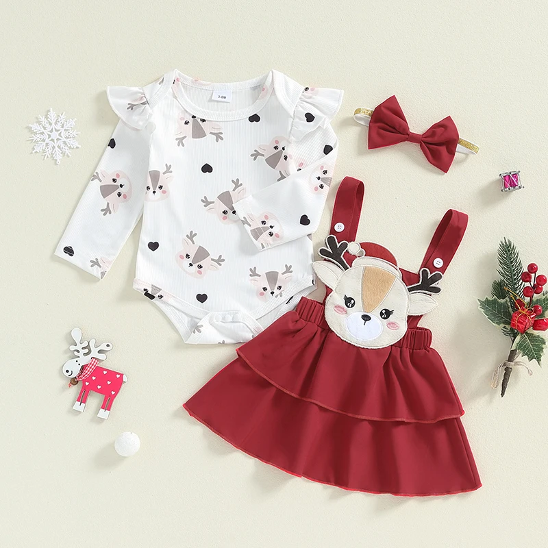 Baby Girl Christmas Outfits Santa/Deer Print Long Sleeve Romper Ruffles Suspender Skirt Headband 3Pcs Clothes Set