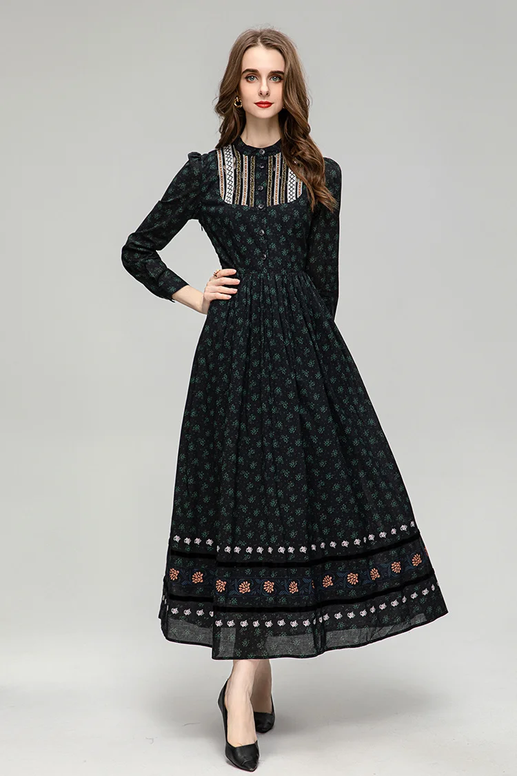 2023 Fashion Designer Summer Vintage Women's O-Neck Long Sleeve Single Breasted Ruched Print Princess Dress