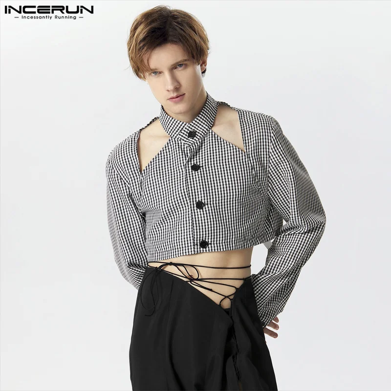 INCERUN 2024 Men\'s Plaid Shirt Stand Collar Long Sleeve Button Hollow Out Fashion Male Crop Tops Streetwear Casual Camisas S-5XL