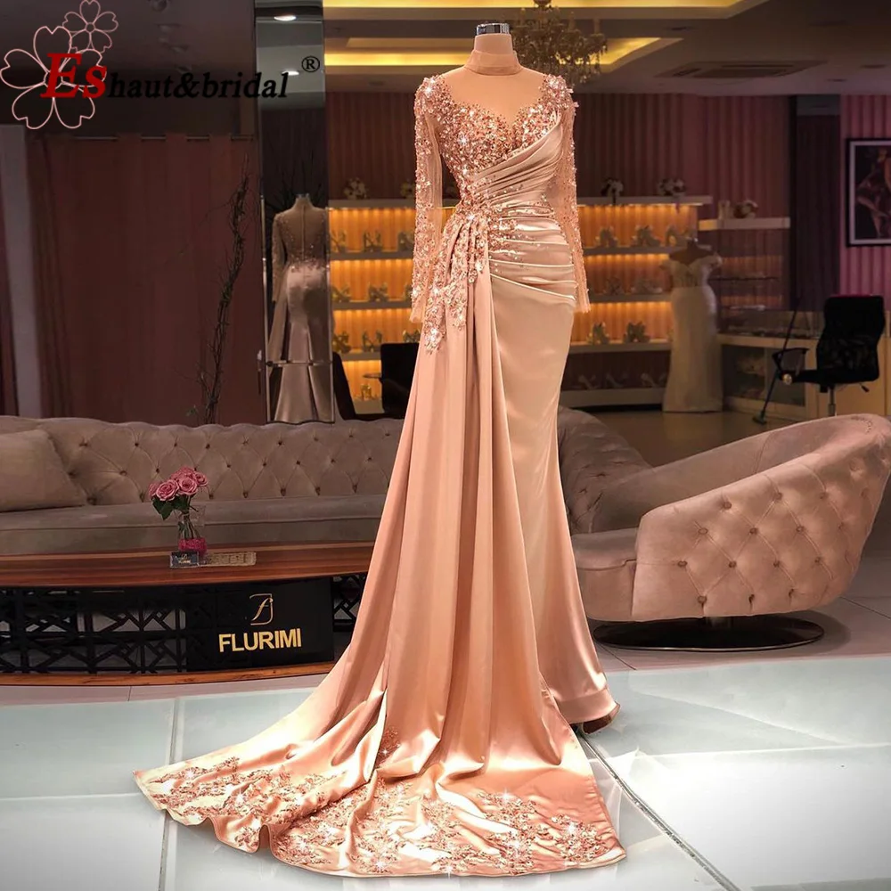 Vestido de noche árabe de sirena elegante para mujer, vestido Formal musulmán de manga larga con cuello alto para fiesta de graduación y boda, personalizado, 2024