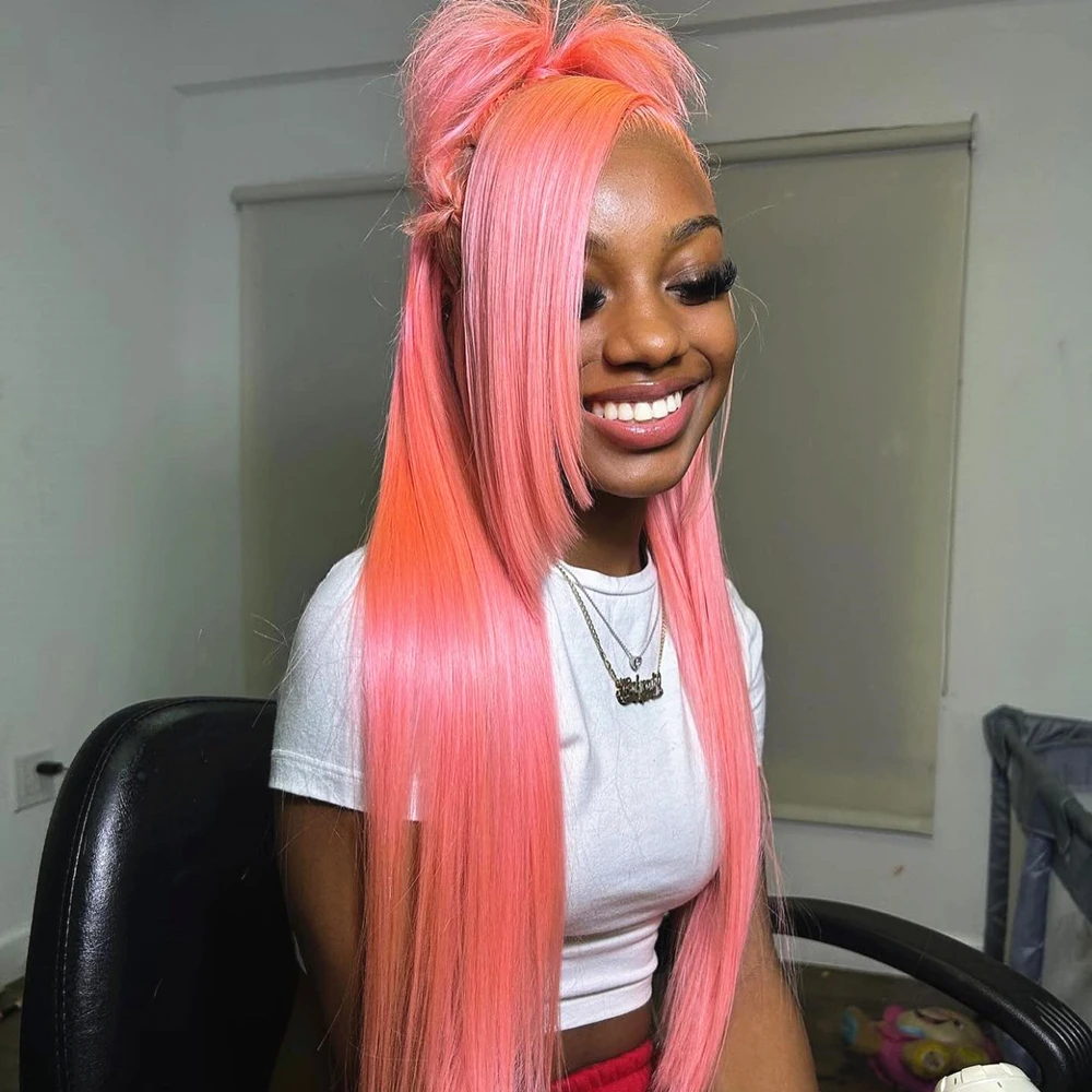 

30 Inch Pink Lace Front Wig Human Hair 200 Density 13x6 HD Lace Frontal Wig Brazilian Colored Straight Lace Front Wigs For Women