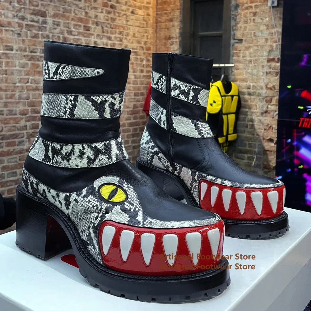 Crocodile Teeth Pattern Men's Boots Round Toe Platform Side Zip Boots Height Increasing Fashion Show Men Shoes Botas Mujer