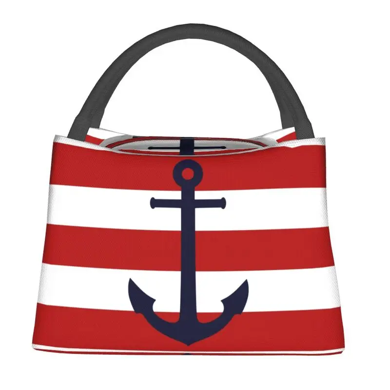 

Custom Nautical Navy Blue Anchor On Red Stripes Lunch Bag Warm Cooler Insulated Lunch Boxes for Picnic Camping Work Travel