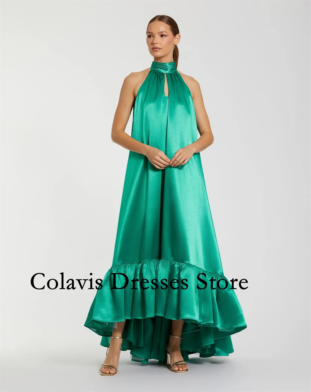 

2026 Customized Green Sleeveless Halter Neck Keyhole Satin Prom Dresses Evening Dress Women Evening Gowns Formal Party Dress
