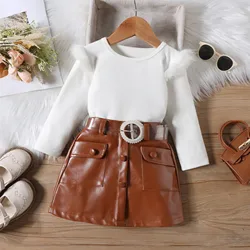 Kids Girls Autumn Clothes Set Solid Color Feather Trim Long Sleeve Knit Top+PU Leather Belted Skirt Children Outfit 1 2 3 4 5 6Y