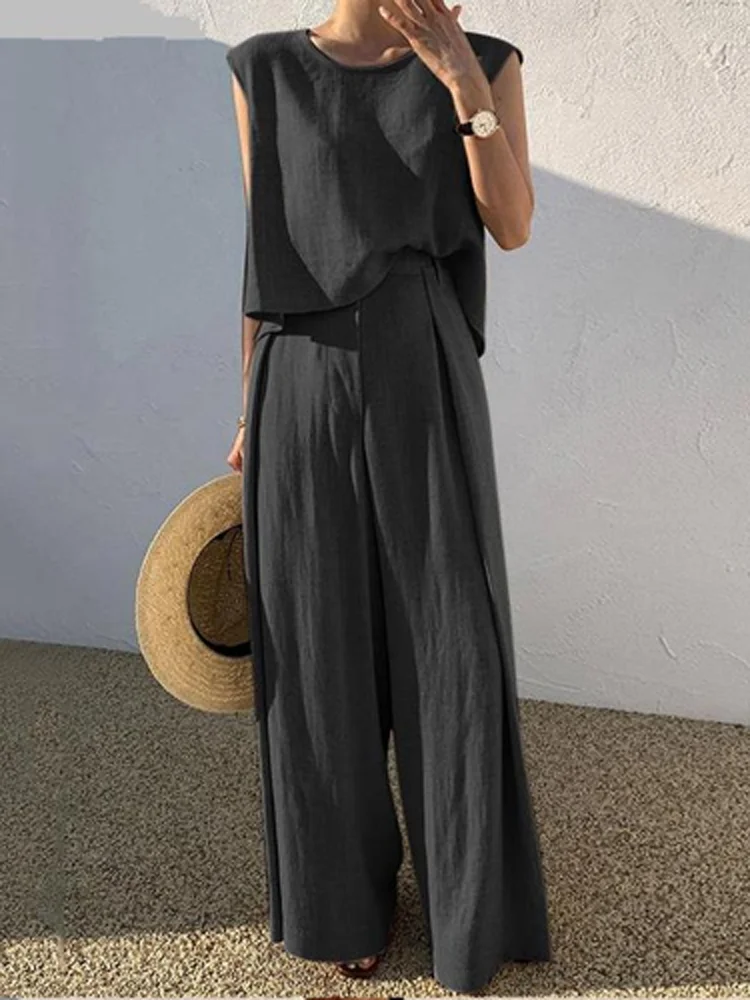 Summer Loose O-Neck Top Wide Leg Pants Two Piece New Elegant Pullover Pants Summer Suit Women Harajuku Style Cotton Linen Suit