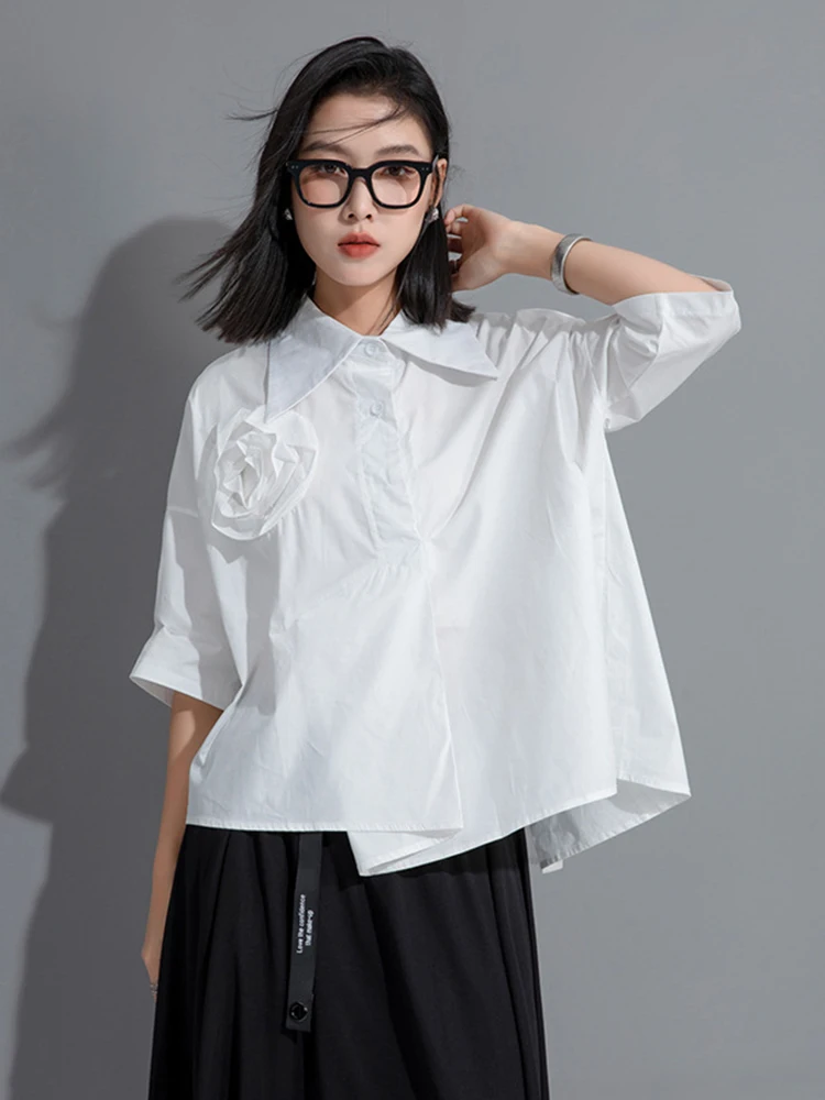 [EAM] Women Black Flower Big Size Irregular Elegant Blouse New Lapel Short Sleeve Shirt Fashion Tide Spring Summer 2024 1DH5957