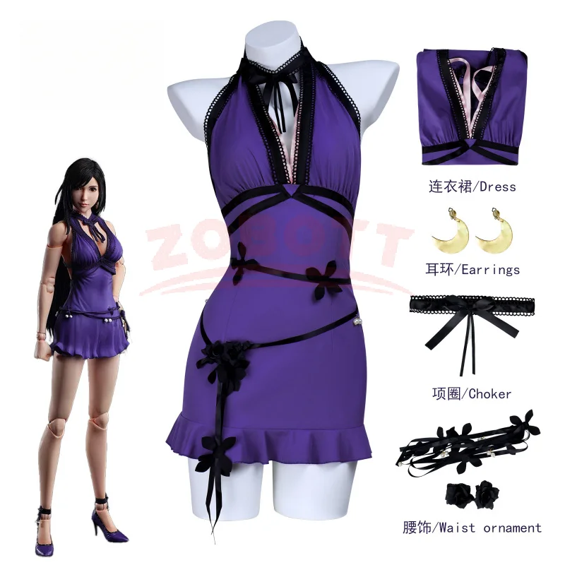 Disfraz de cosplay de Tifa Lockhart del juego Final Fantasy VII, vestido corto morado de anime, disfraz elegante para Halloween, traje bonito para fiesta
