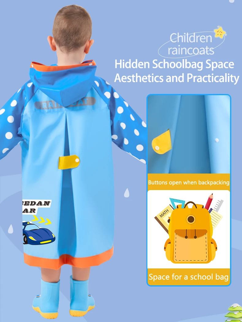 Stylish Kids Raincoat Children Raincoat,Reusable Rainwear,Full Body Waterproof with Bag Space and Pockets,Cute School Raincoat