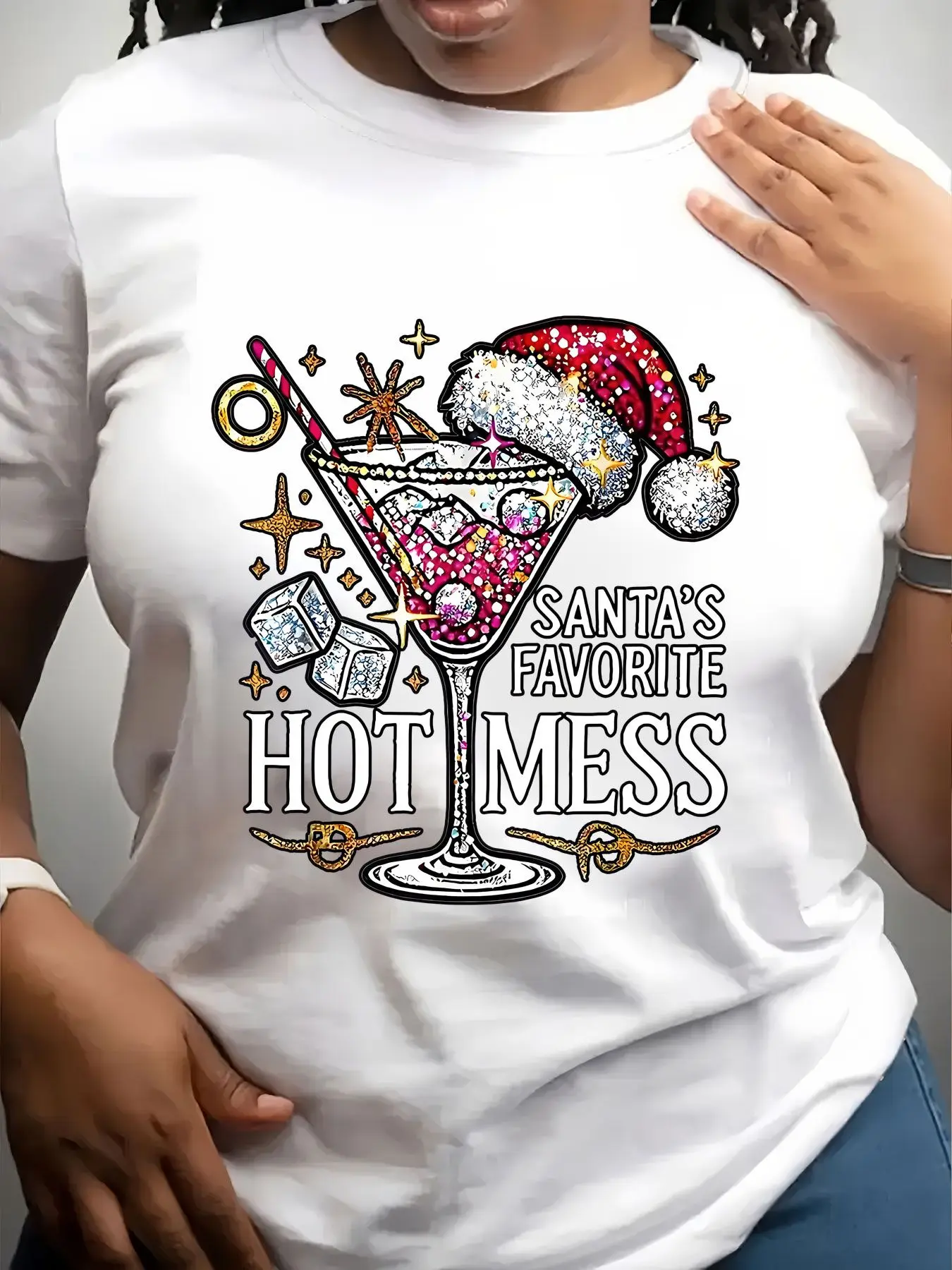 Women's Trendy Crew Neck T-Shirt Santa Favorite Hot Mess Graphic Suitable for Casual Sportswear