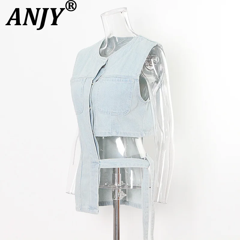 

ANJY Summer New Women High Street Original Design Chic Casual Irregular Hollow Out Tie Versatile Asymmetry Denim Tank Tops A7140