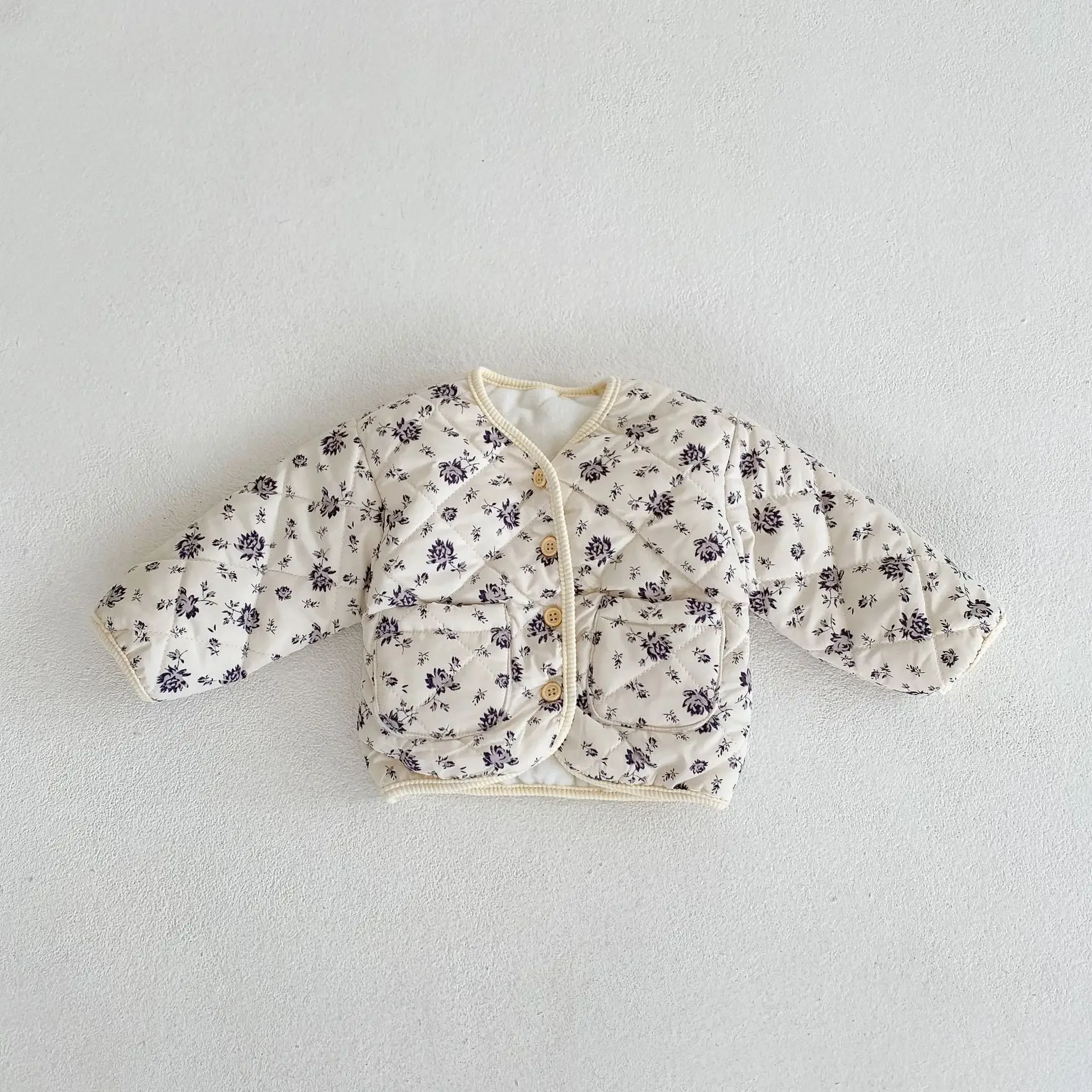 2024 Winter Clothing New Girls Baby Cotton Coat Thickened Long Sleeve Flower Printed Cotton Diamond Grid Cardigan Coat