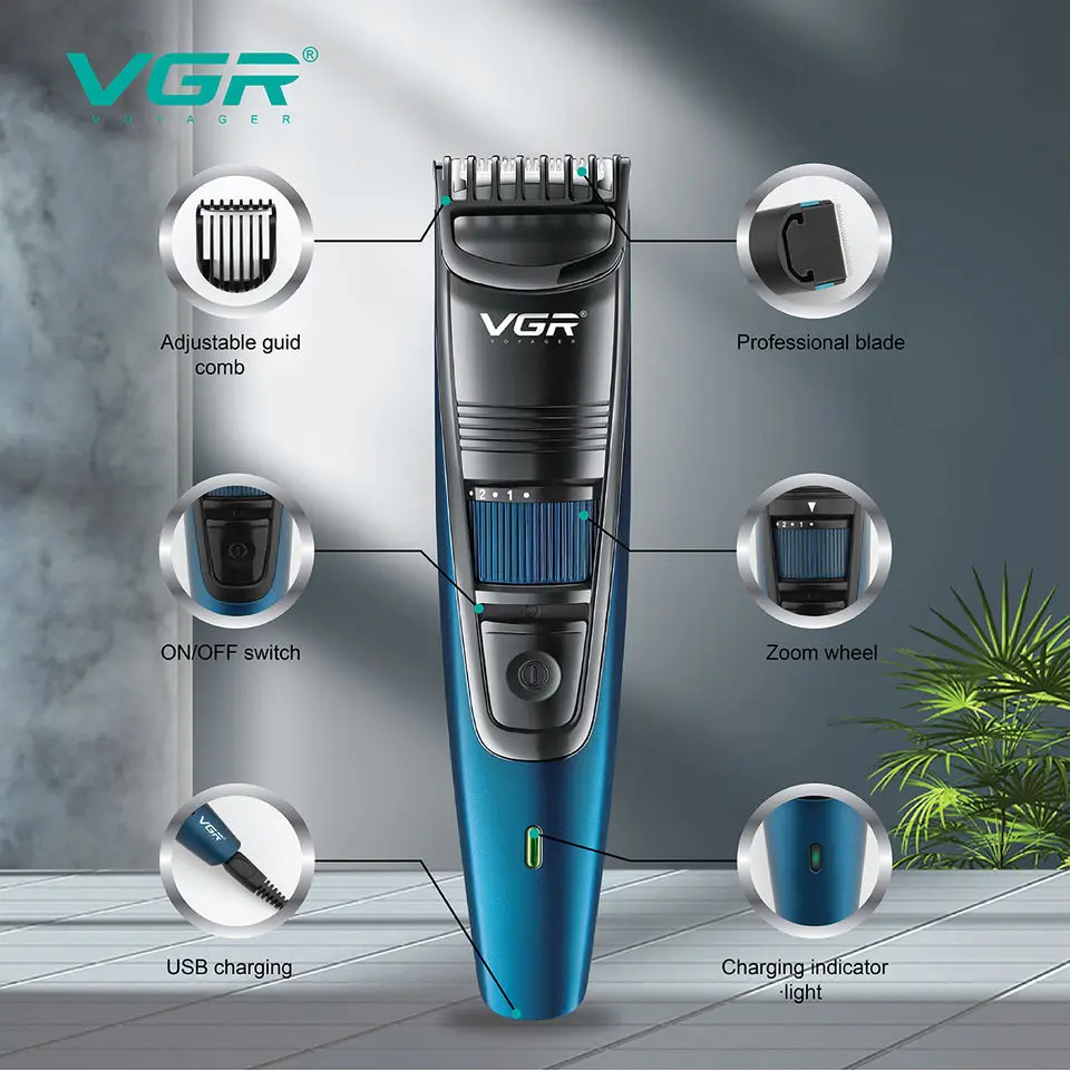 Original VGR Adjustable Beard Hair Trimmer For Men Cordless Stubble Hair Clipper Electric Lithium Haircut Machine Rechargeable