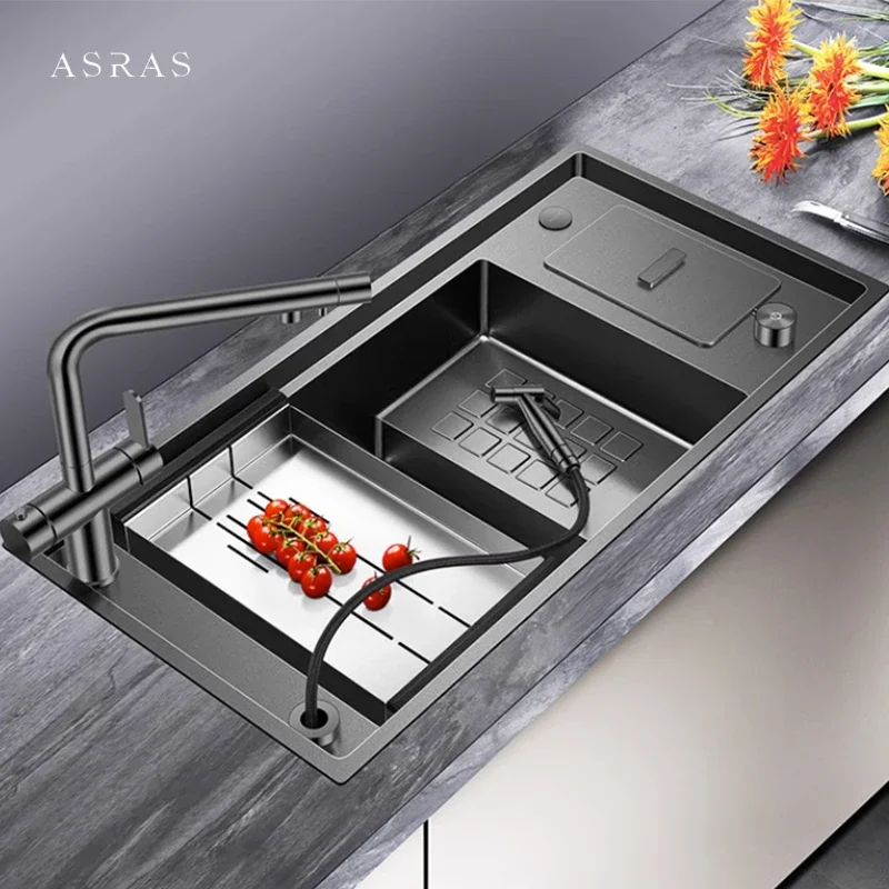 ASRAS Large Size Nanometer Stepped Kitchen Sink 304 Stainless Steel 4mm Thickness Handmade Sinks With Knife Holder And Trash Can