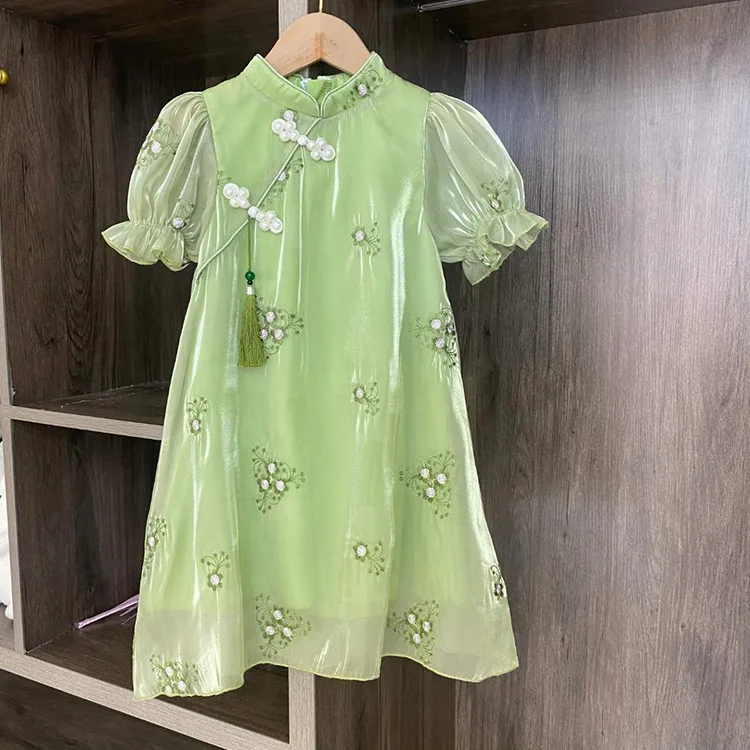 

Girl's Green Cheongsam Summer 2024 New Republic Of China Improved Retro Baby Dress Fashionable Chinese Style Ancient Costume