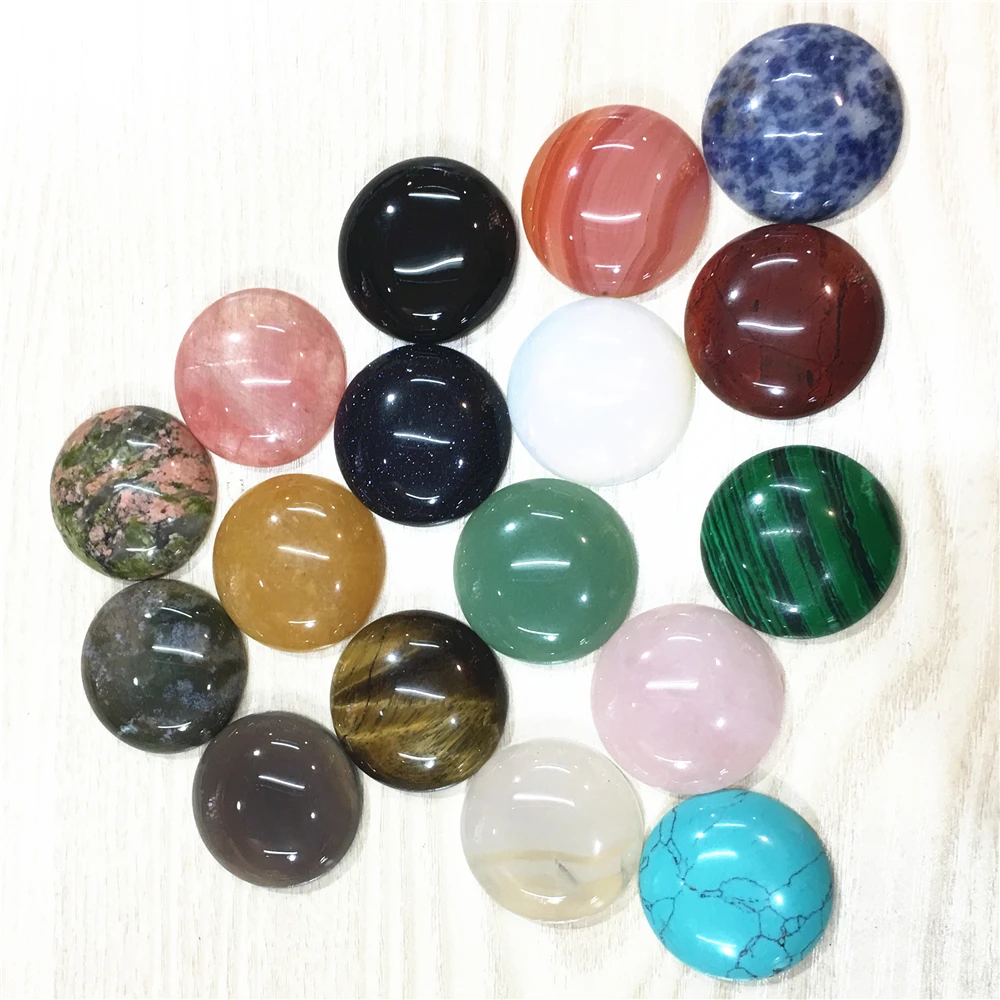 30MM Natural Stone Cabochons Round Beads  Roses Quartz Malachite Agate Opal Unakite Fashion For Jewelry Making Wholesale 12PCS