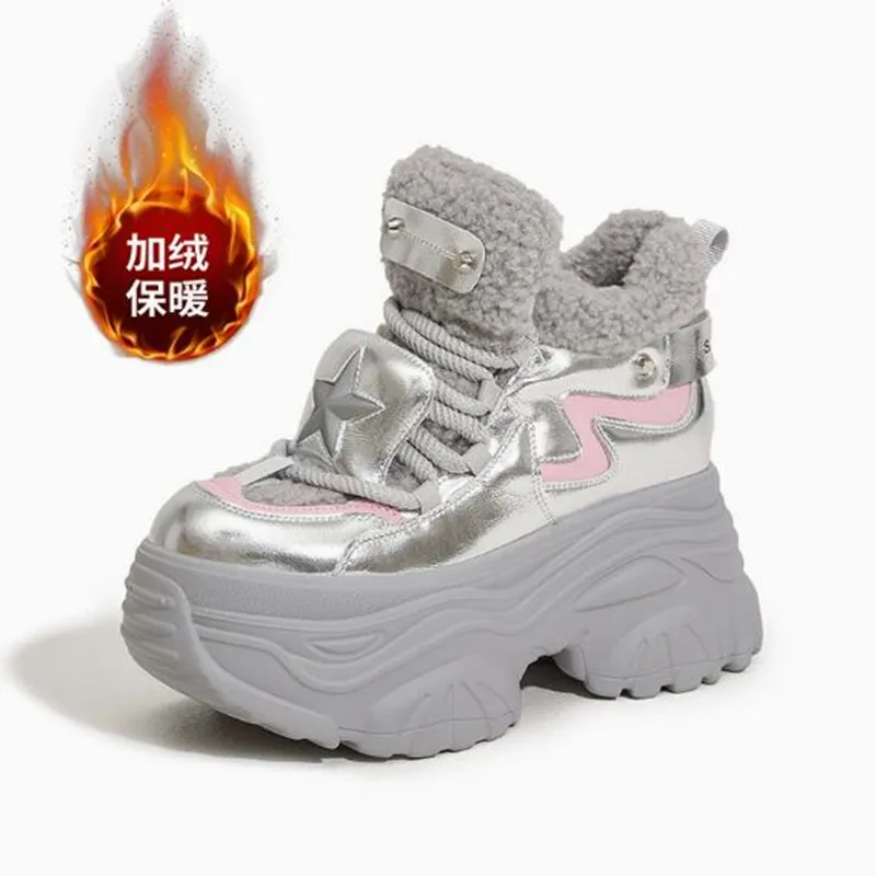 9CM Winter Increased Height Warm Shoes for Women Fashion High Platform Thicken Sneakers Trendy Leather Chunky Shoe High Booties