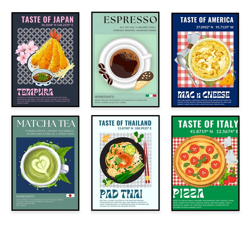 Queso, fideos japoneses, estampado tempura, pad thai, pizza, tortillas, espresso, cóctel, matcha, mojito, cartel de platos clásicos