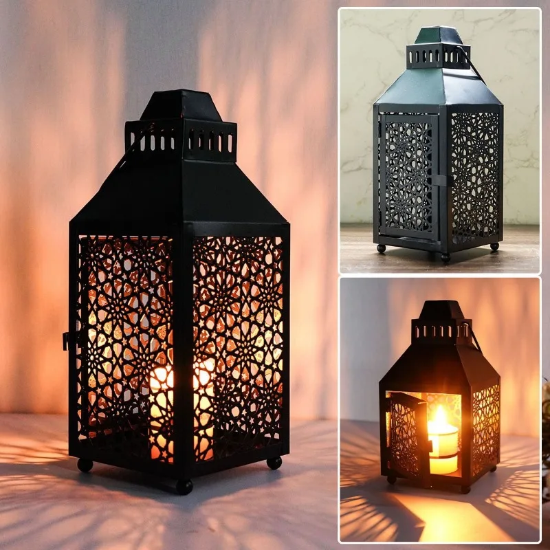 Black Wrought Iron Wind Lamp Candle Holder Moroccan Home Decoration Candle Holder Festive Tabletop Decoration without candles
