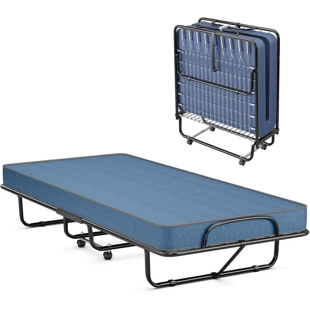

olding Bed with 4" Mattror Adults, Made in Italy, Twin Size Roll Away Portable Gt, Memory oam Mattr, oldable w/Metal e on Wheels