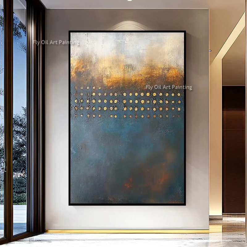 Metallic Gold Dot Textured Oil Painting Muted Teal Base Abstract Canvas Wall Art Handmade Original Artwork For Entryway Interior