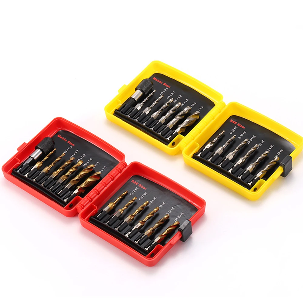 13PC Composite Tap Set High-Speed Steel Hexagonal Shank Metric And Imperial Drilling Tapping And Chamfering Integrated Tap