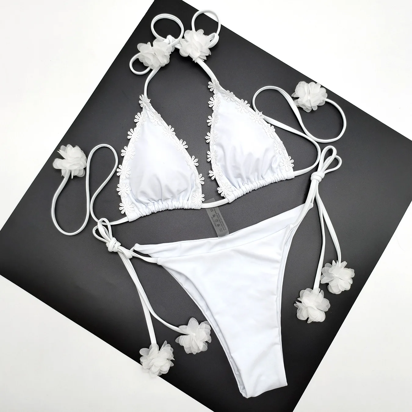 

Flower Tassel Strap Bikini Set Sequin Triangle Swimwear Women Pearl Waist Belt Swimsuit Halter Biquini Beachwear Bathing Suit