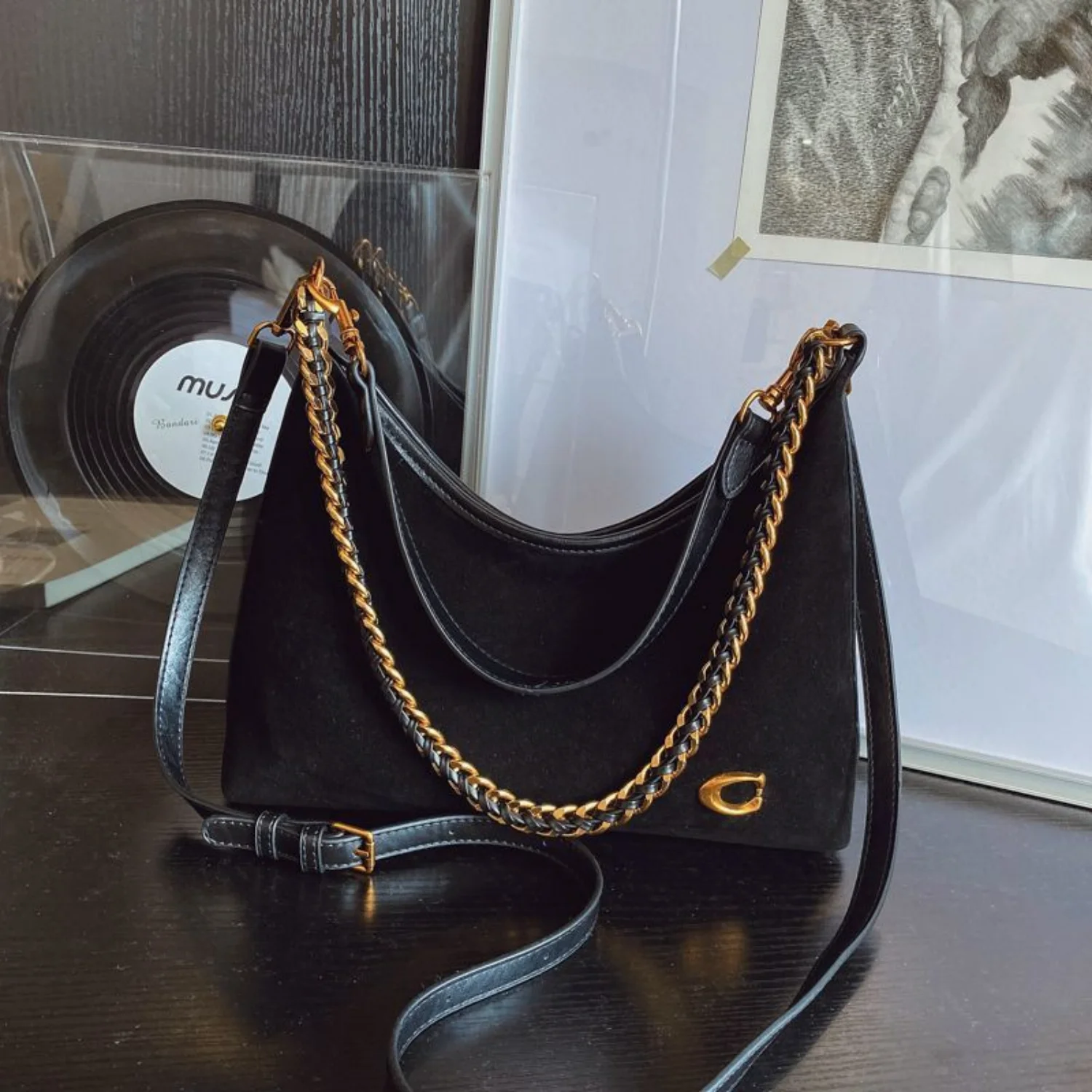 Black Suede Chain Tote Bag for Women 2026 New Large Capacity Crossbody Bag, Designer Handbag, Fashionable and Versatile