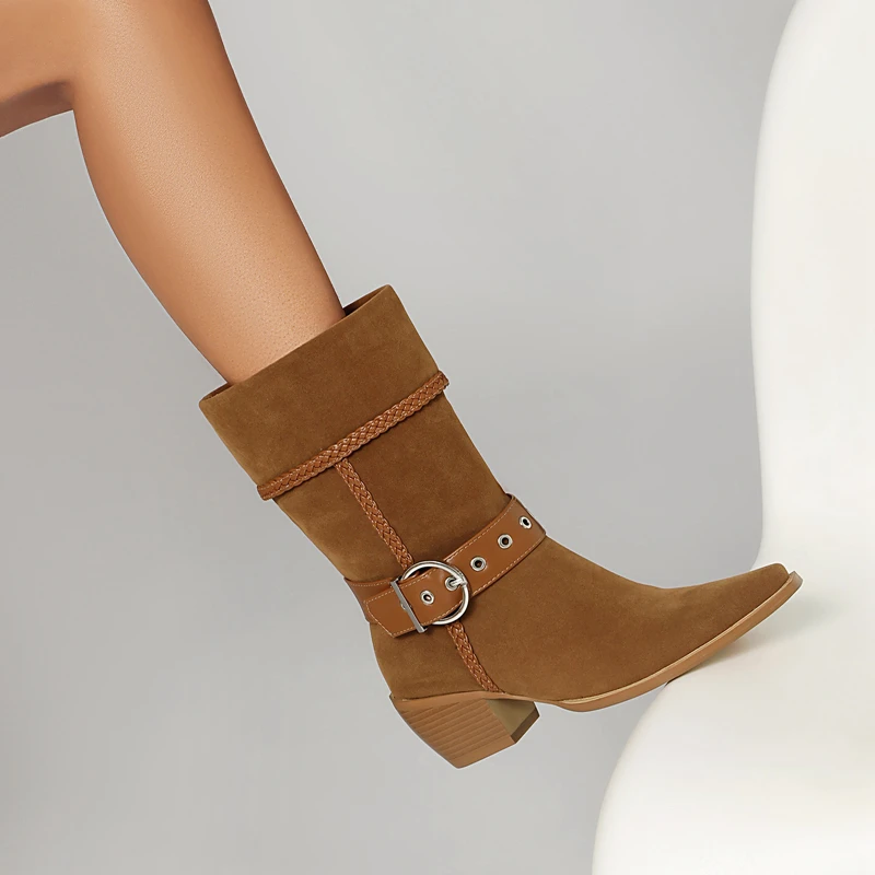 Vintage Nubuck Western Boots Women 2025 Autumn Winter New Pointed Toe Belt Buckle Slip on High Heels Cowgirl Ankle Boots Size 41